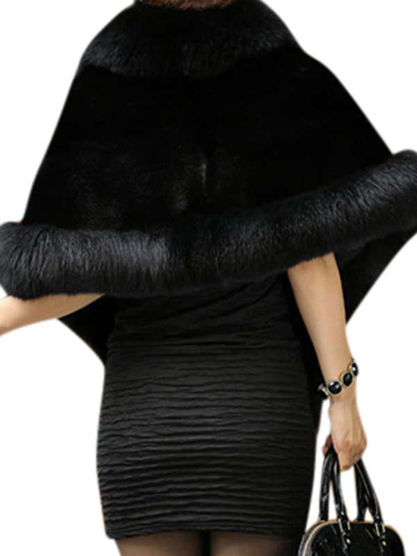 Elegant Women Solid Color Batwing Sleeve Faux Fur Shawl Cloak