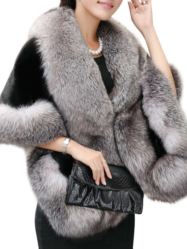 Elegant Women Solid Color Batwing Sleeve Faux Fur Shawl Cloak
