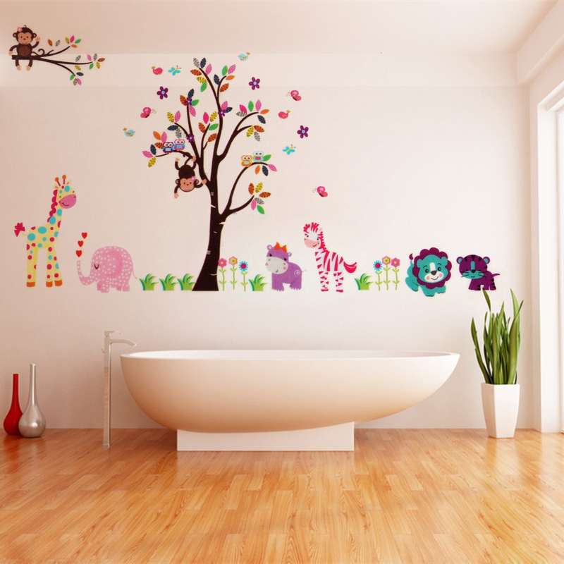 2Pcs Large Jungle Tree Wall Sticker Kids Nursery Decals Girls Bedroom Mural Animals