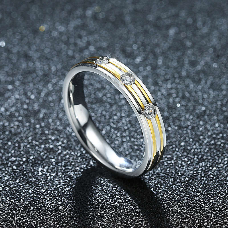 Gold Stripe Simple Zircon Stainless Steel Ring Women Men Gift Wedding Jewelry