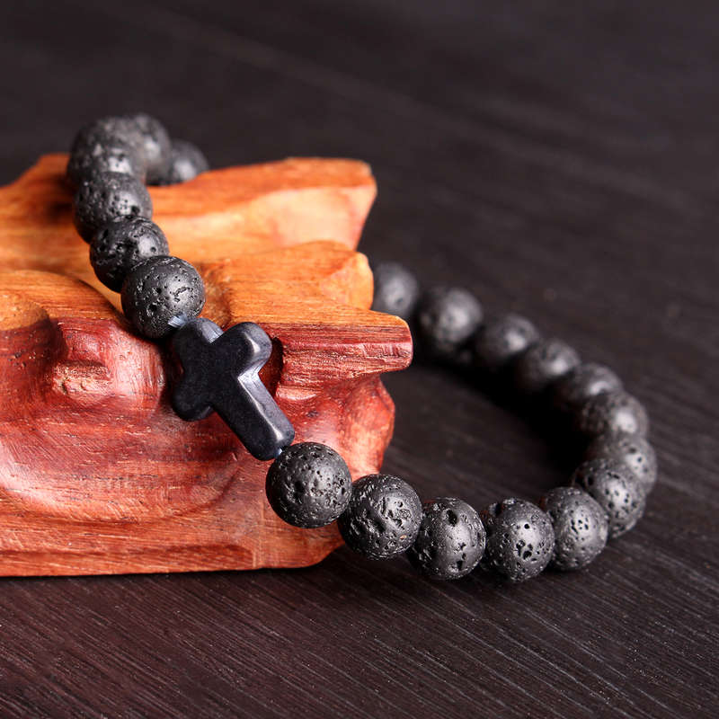 Cross Lava Rock Stone Beads Elastic Men Bracelet
