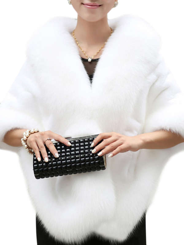 Elegant Women Solid Color Batwing Sleeve Faux Fur Shawl Cloak