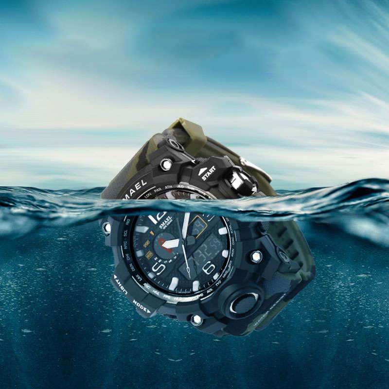 SMAEL 1545 Waterproof Camouflage Military PU Digital Watch LED Digital Dual Display Electronic Watch