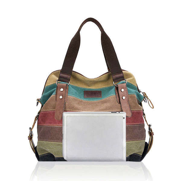 Women Casual Stripe Canvas Handbags Micro-Fibric Leather Shoulder Bags Contrast Color Crossbody Bags