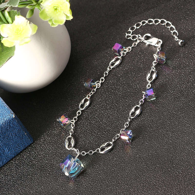 JASSY Elegant Platinum Plated Colorful Crystal Cube Pendant Anklet Anallergic Best Gift for Women