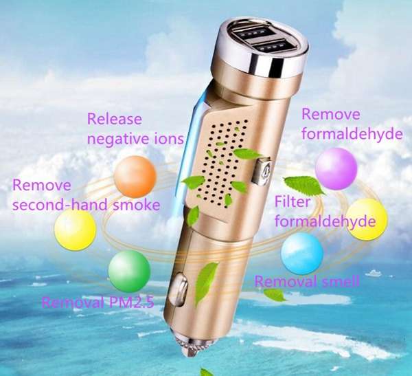 Dual USB Car Charger Fresh Oxygen Ozone Air Purifier Cigarette Lighter  2 In 1
