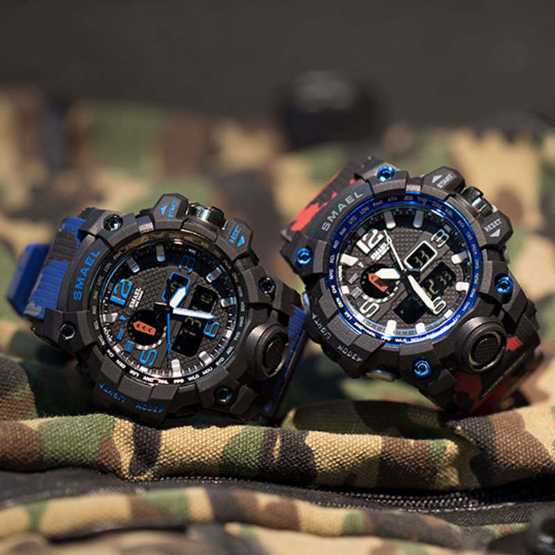 SMAEL 1545 Waterproof Camouflage Military PU Digital Watch LED Digital Dual Display Electronic Watch