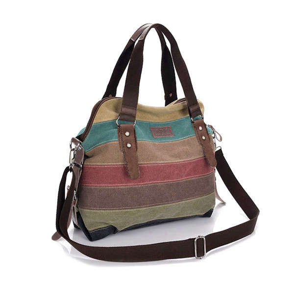 Women Casual Stripe Canvas Handbags Micro-Fibric Leather Shoulder Bags Contrast Color Crossbody Bags
