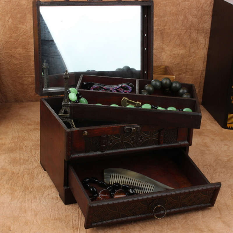 Vintage Antique Wooden Made Jewelry Box Accessories Collection Storage