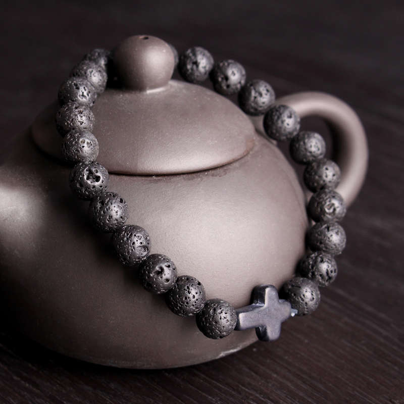 Cross Lava Rock Stone Beads Elastic Men Bracelet