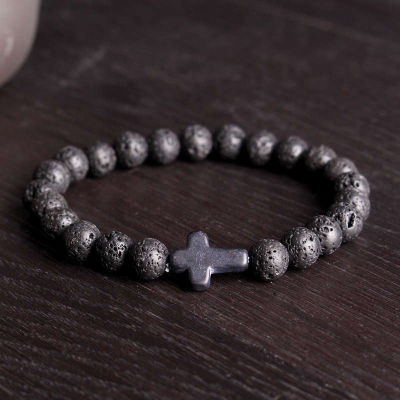 Cross Lava Rock Stone Beads Elastic Men Bracelet
