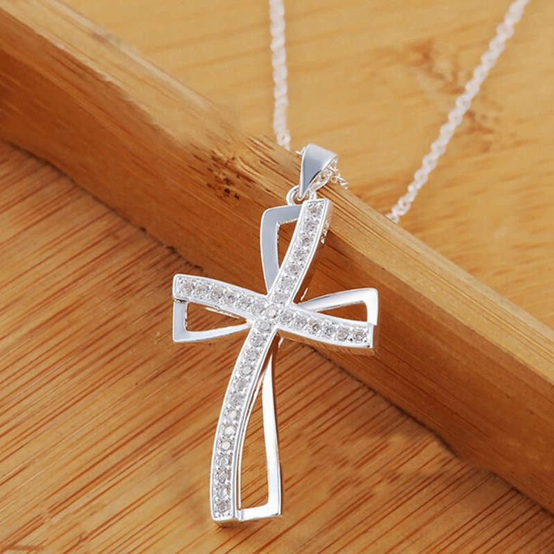 925 Sterling Silver Women Cross Necklace Crystal Chain Jewelry