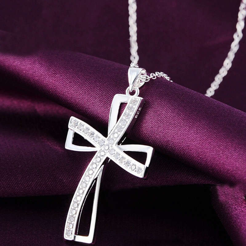 925 Sterling Silver Women Cross Necklace Crystal Chain Jewelry