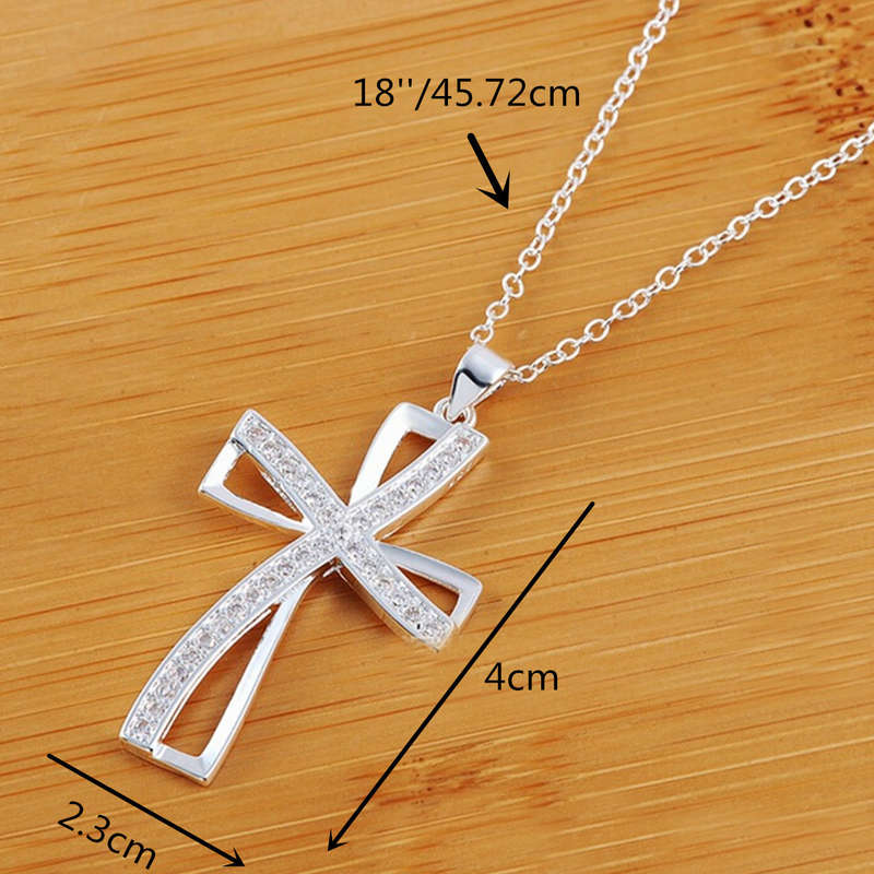 925 Sterling Silver Women Cross Necklace Crystal Chain Jewelry