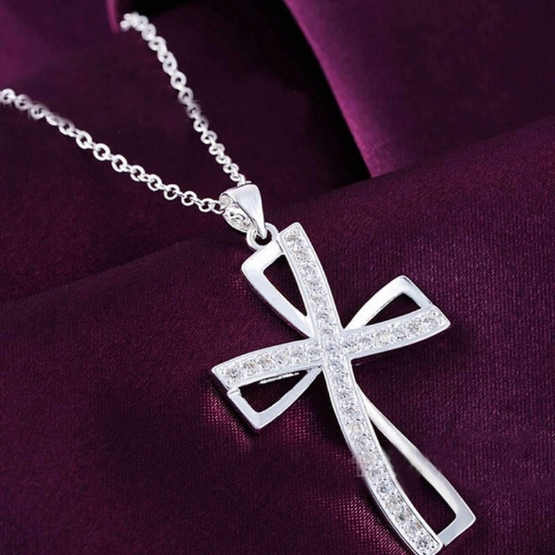 925 Sterling Silver Women Cross Necklace Crystal Chain Jewelry