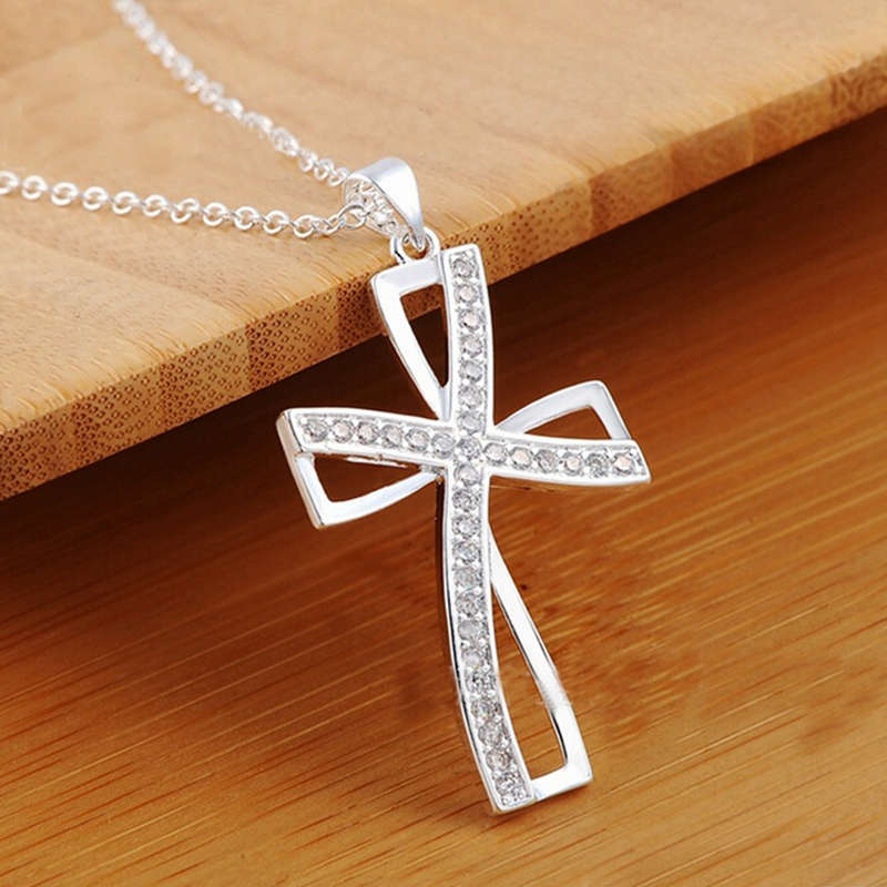 925 Sterling Silver Women Cross Necklace Crystal Chain Jewelry
