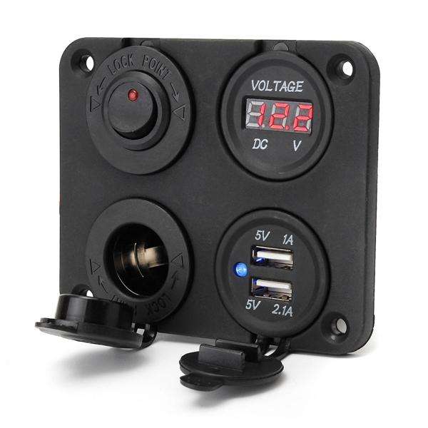 Dual Usb Adapter Charger & Cigarette Lighter Sockets & Digital Volt Meterr & Switch Panel