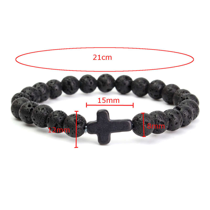 Cross Lava Rock Stone Beads Elastic Men Bracelet