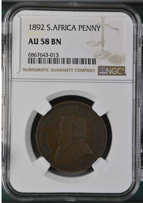 1892 ZAR PENNY - NGC AU 58 BN