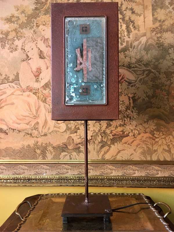 Copper colour metal table lamp with decorative glass panel