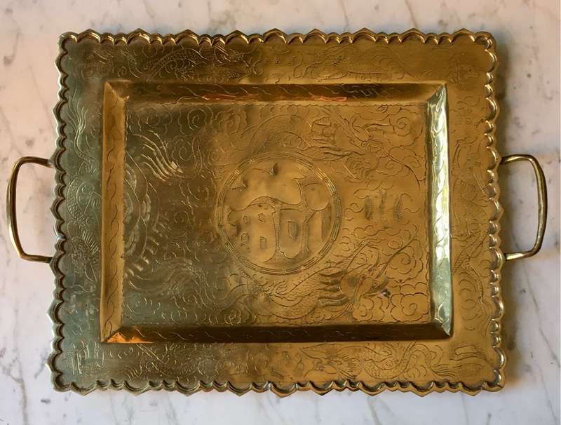 Vintage etched decorative brass tray