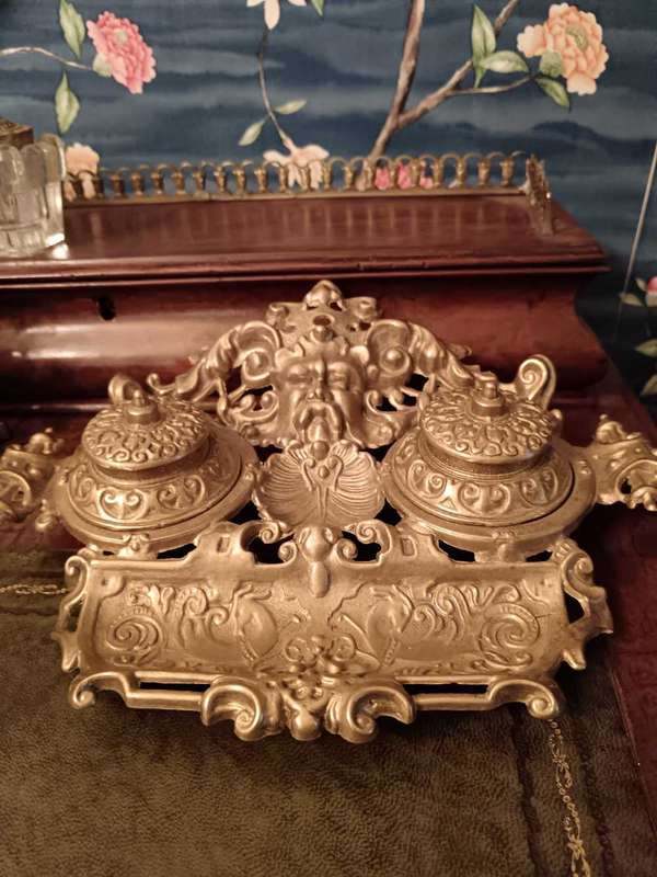Antique Cast Bronze Double Inkwell with Bacchus Head Detail