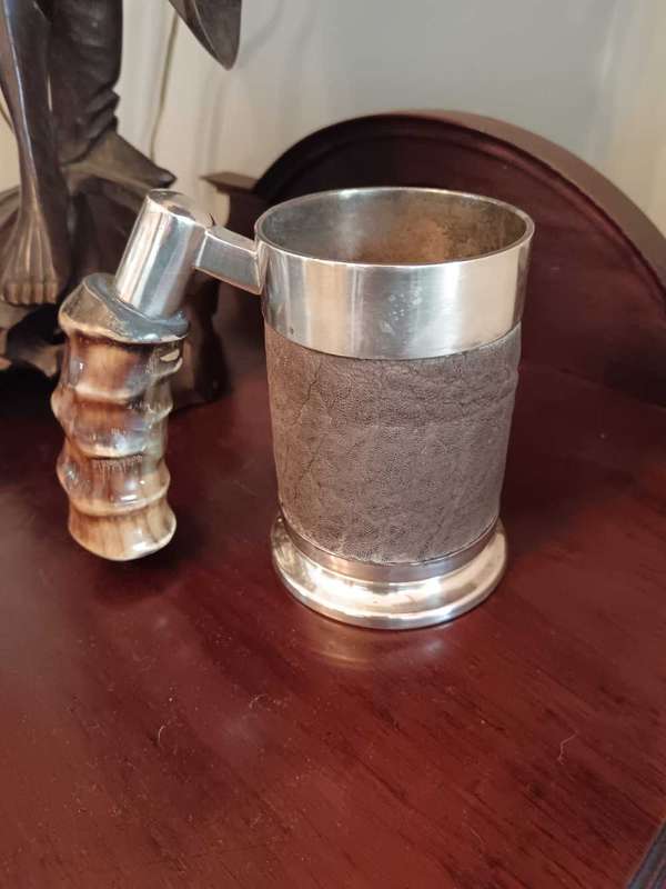 Silver Plated Tankard with Elephant Skin & Bone Handle by Royal Sable Made in Rhodesia