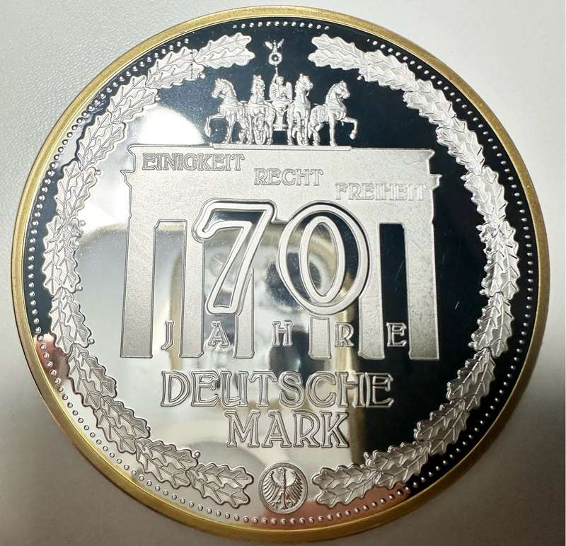 EXQUISITE 70MM TOP MEDAL - 70 YEAR OF THE INTRODUCTION OF THE D-MARK - WITH CERTIFICATE AND SEALED