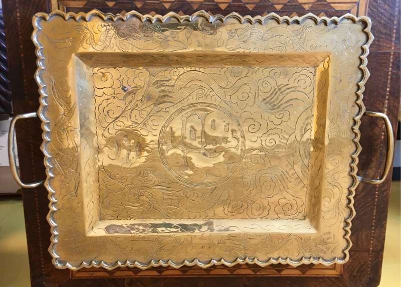Vintage etched decorative brass tray