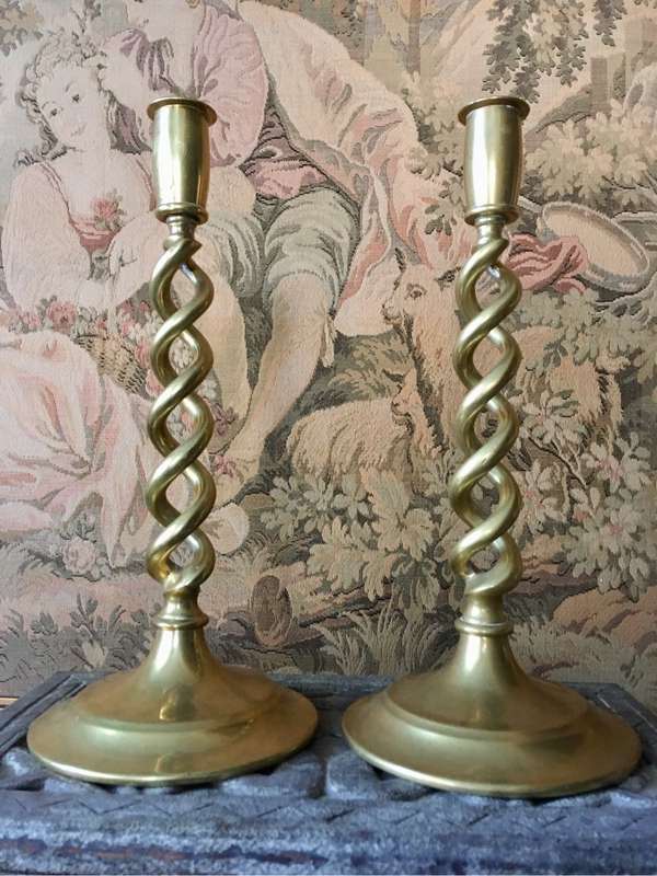 Antique brass open barley twist candlesticks