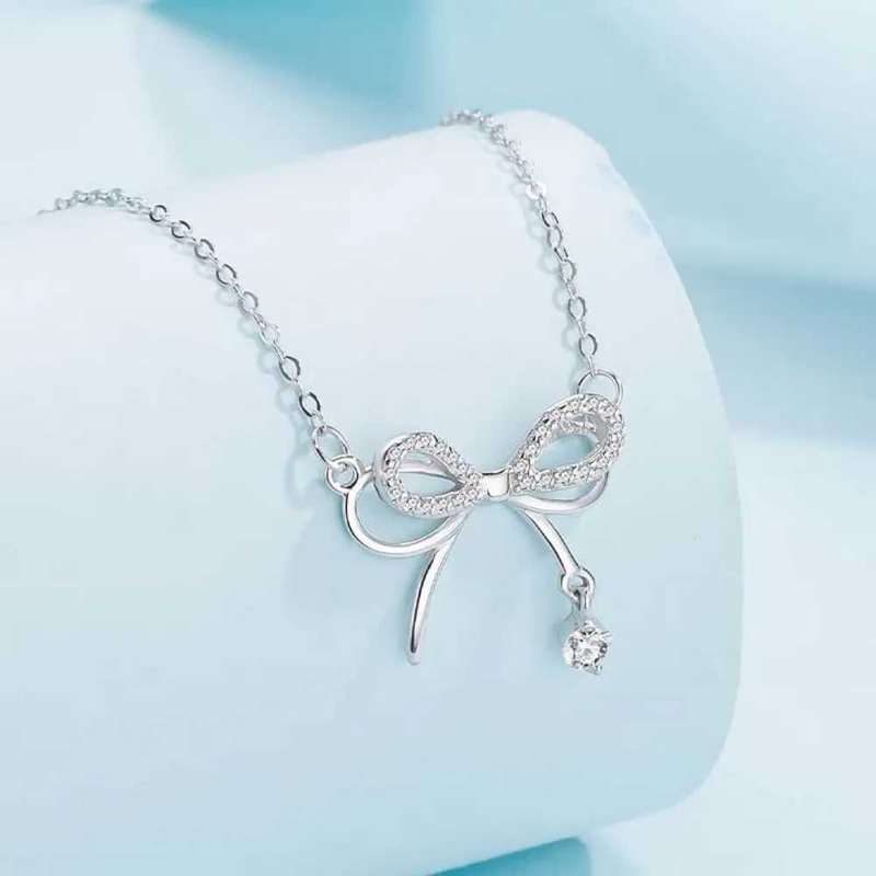 Necklace Sterling Silver 925 Crystals Insert Elegant Bow Knot Fine Chain