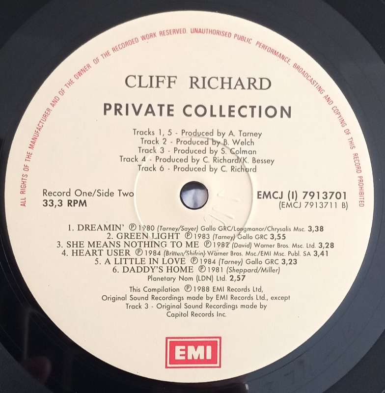 CLIFF RICHARD - PRIVATE COLLECTION LP VINYL RECORD - DOUBLE ALBUM