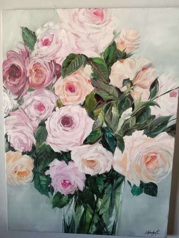 Leigh Woodgate Painting of Roses in a Glass Vase