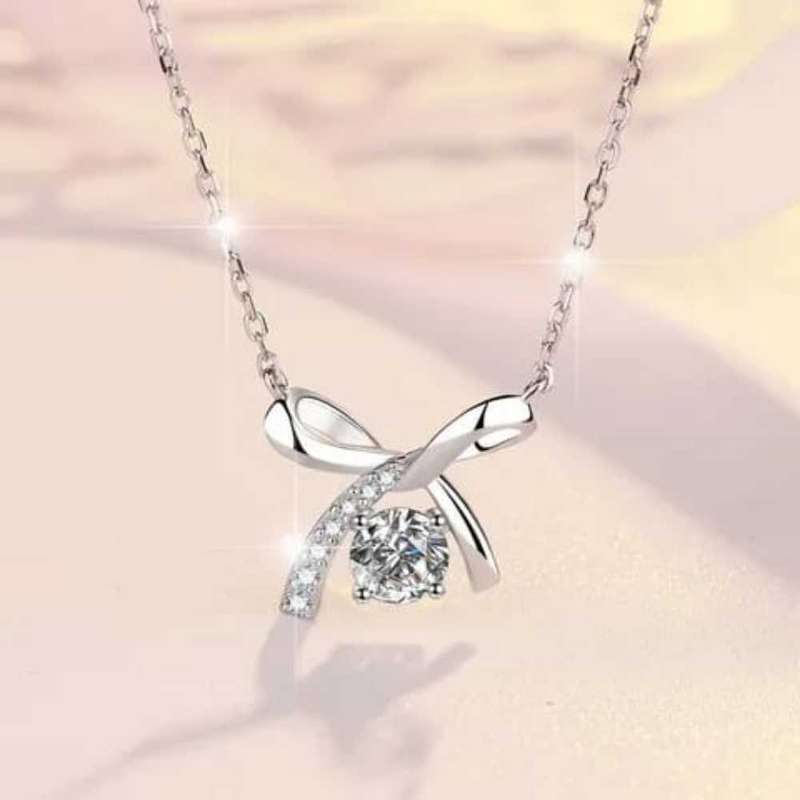 Necklace Sterling Silver 925 GRA Certified Moissanite Diamond 1 Karat Elegant Bow Knot Pendant