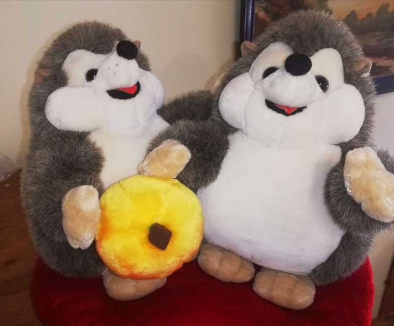 2x Large Porcupines holding a pumpkin sitting on a big red Heart! 38cm.
