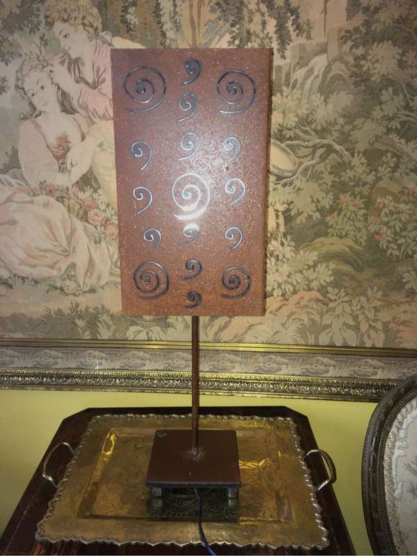 Copper colour metal table lamp with decorative glass panel