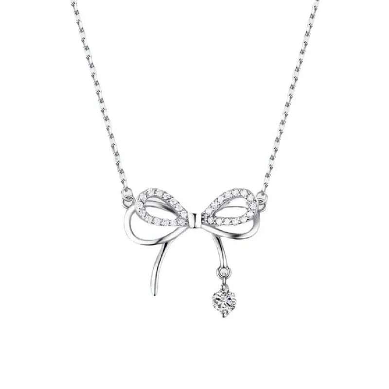 Necklace Sterling Silver 925 Crystals Insert Elegant Bow Knot Fine Chain