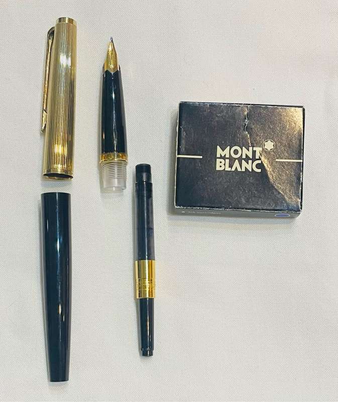RARE! MONT BLANC 184 FOUNTAIN PEN WITH 18K GOLD NIB, LEVER BALLPOINT PEN & PENCIL IN LEATHER CASE