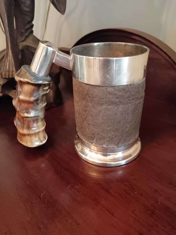 Silver Plated Tankard with Elephant Skin & Bone Handle by Royal Sable Made in Rhodesia