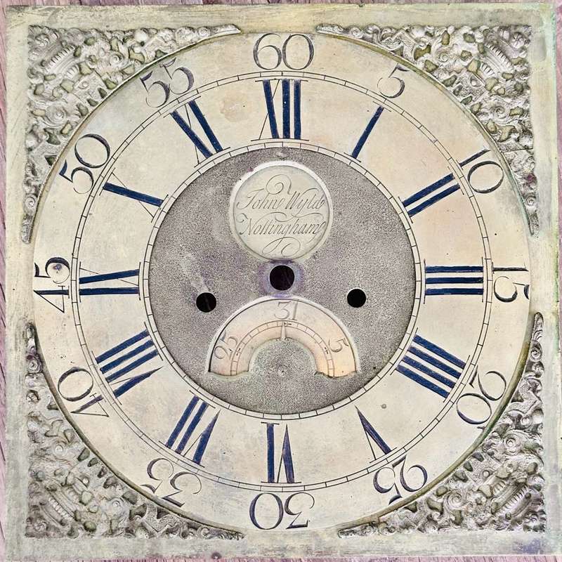 JOHN WYLDE NOTTINGHAM Large Heavy Brass Clock Face/Dial circa 1700s (31cmx31cm)