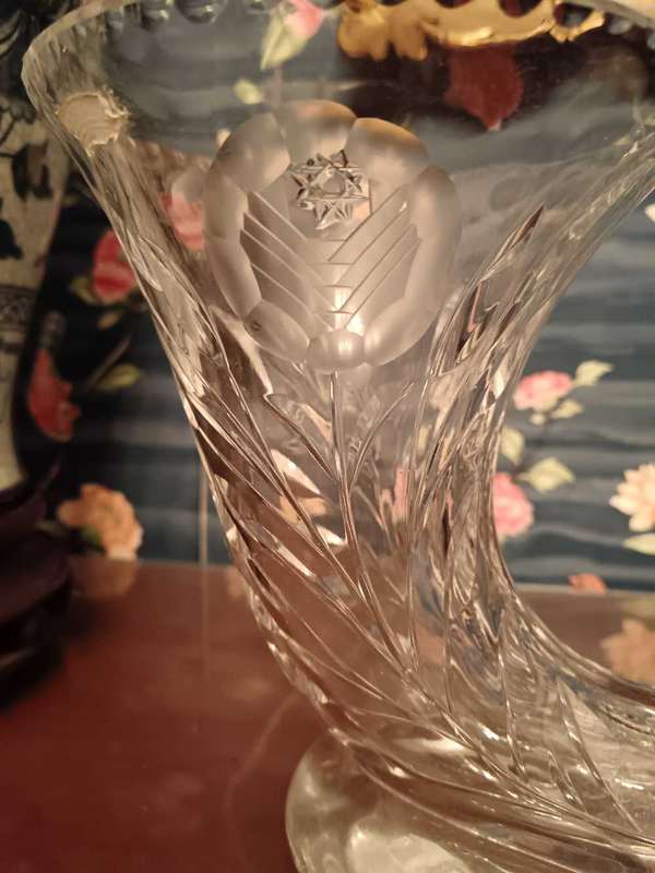 Bohemia Czech Cornucopia Crystal Rose Cut Vase