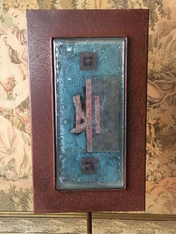Copper colour metal table lamp with decorative glass panel