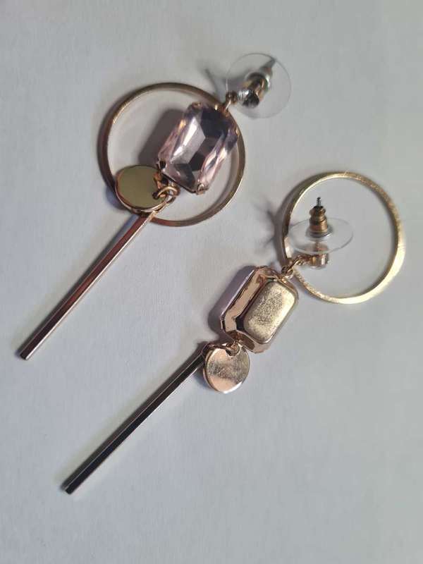 Earings, pair of gold plated, ring,stone disc and bar