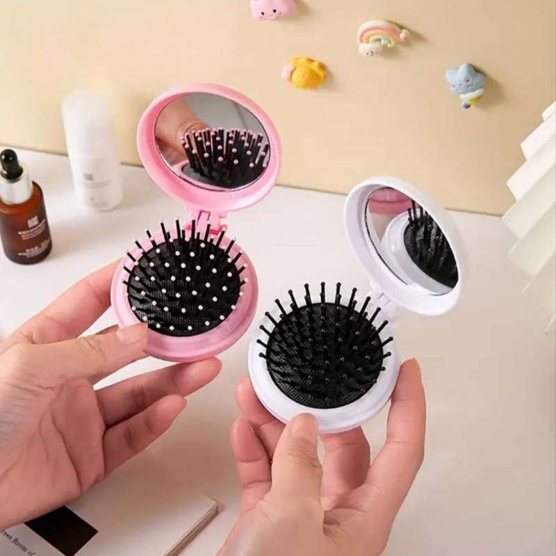 Round Travel Hair Brush with Mirror  Folding Pocket Comb for Hair Massage, Women & Girls(White)
