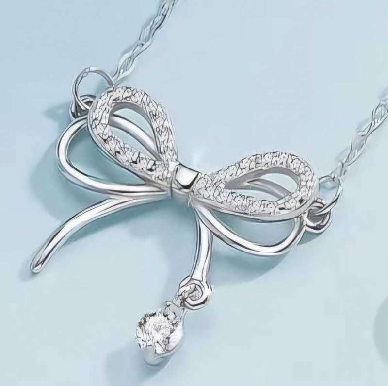 Necklace Sterling Silver 925 Crystals Insert Elegant Bow Knot Fine Chain