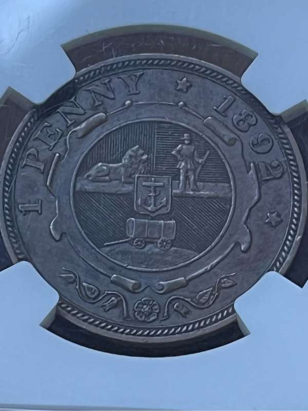 1892 ZAR PENNY - NGC AU 58 BN