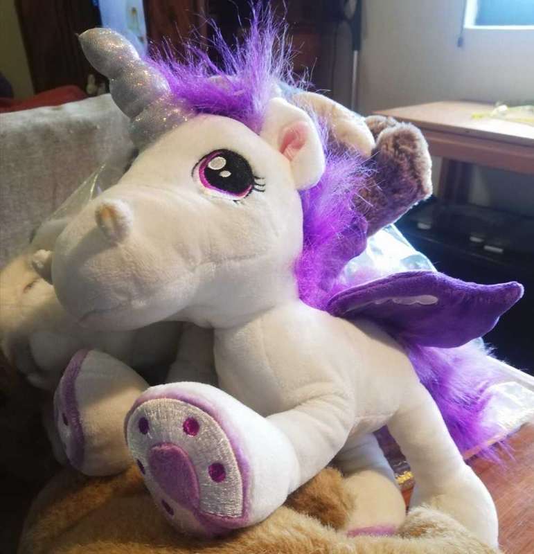 Ponytail Unicorn with long mane and purple wings. Plush Unicorn by Keel Toys. 30cm.