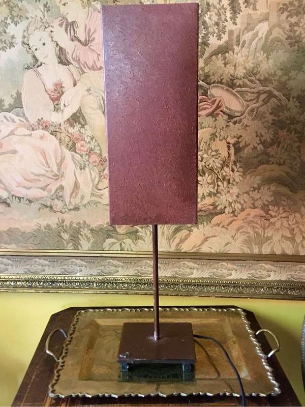 Copper colour metal table lamp with decorative glass panel