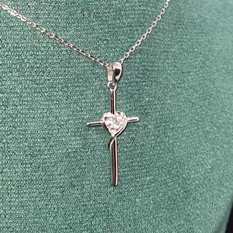 Necklace Sterling Silver 925 Moissanite Diamond Inlay Cross With Heart Pendant Fine Chain