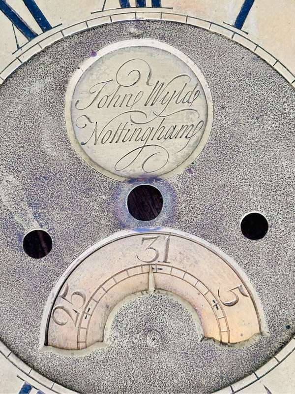 JOHN WYLDE NOTTINGHAM Large Heavy Brass Clock Face/Dial circa 1700s (31cmx31cm)